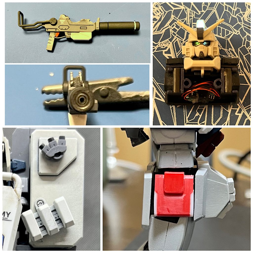 メイキング続き。左上から時計回りに。100MMマシンガンはトリガーガードがないので、プラバンで付けました。あと、赤のランナーを削って作ったトリガーも付けました。LED電飾のテスト。目のセンサー発光は。。。次回もっと頑張ります。腰横のアーマーはリバイブのガンキャノンから調達。陸ガンのものはマシンガンの予備マガジンが付いているので大きすぎなので。予備マガジンが腰につかなくなったので、予備マガジンキャリアを自作して背中のコンテナにつけました。予備マガジンが取りやすいように、稼働できます。