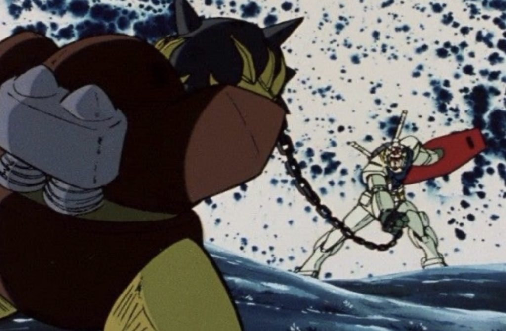 オリジナルの場面。こうしてみるとだいぶポージングが違いますね。あっ、ガンダムのシールド裏が赤い!Σ(・Д・)