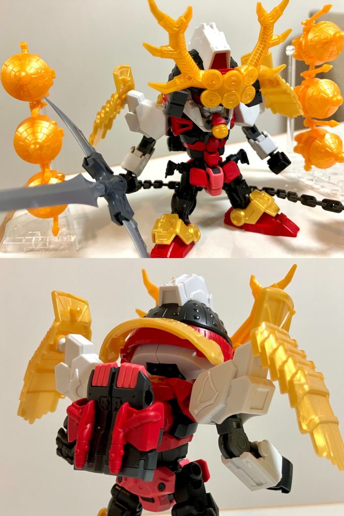 去年にX(Twitter)上で主催した関ヶ原合戦をテーマとするSD戦国武将ガンプラ大集合企画、 #決戦SD関ヶ原 ㊗️1周年を記念して、今回新武将として製作しました。GQuuuuuuXの劇中展開に関連して、今年は西軍勝利ルートの世界線改変の設定を考えたり、楽しみながら作る事が出来ました。