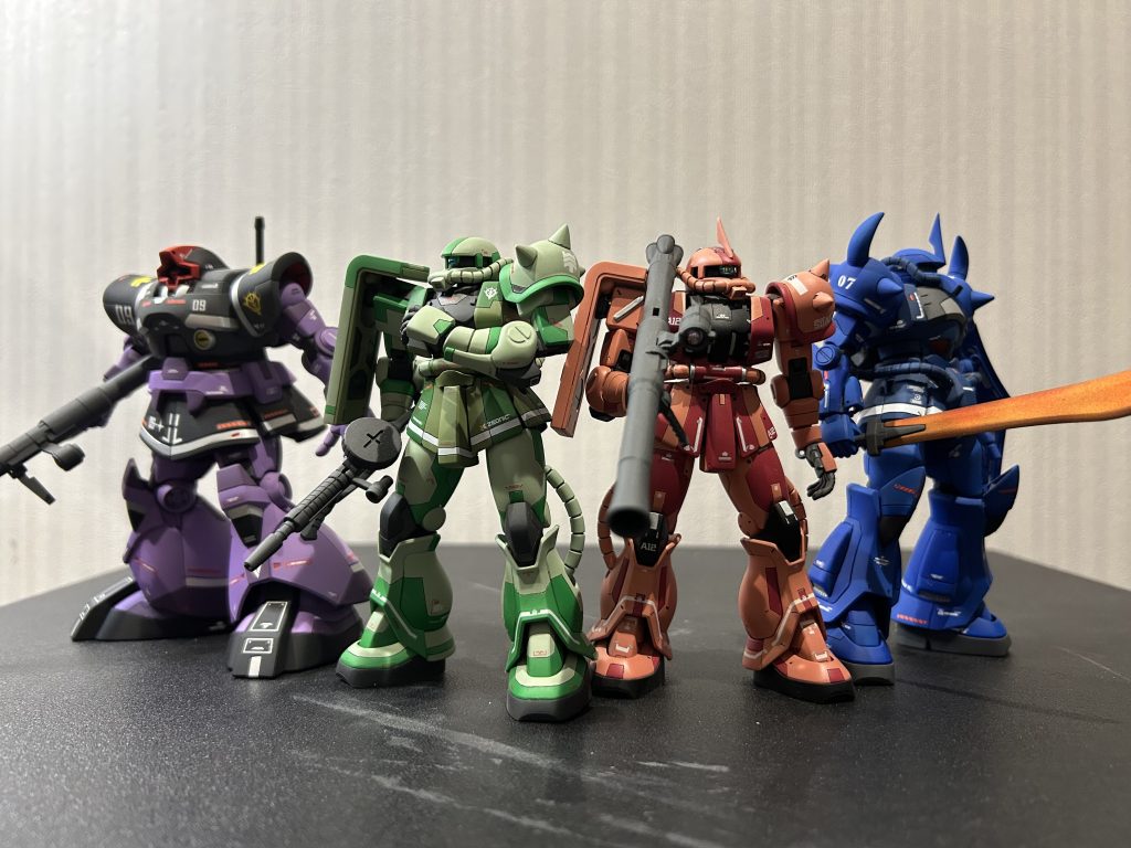 ファースト系のHGは同じ作風で揃えているところ目標はファーストに出たMS.MAコンプだがまだまだ先は長い…同じ作風だと飽きてしまうので浮気しつつじっくりと
