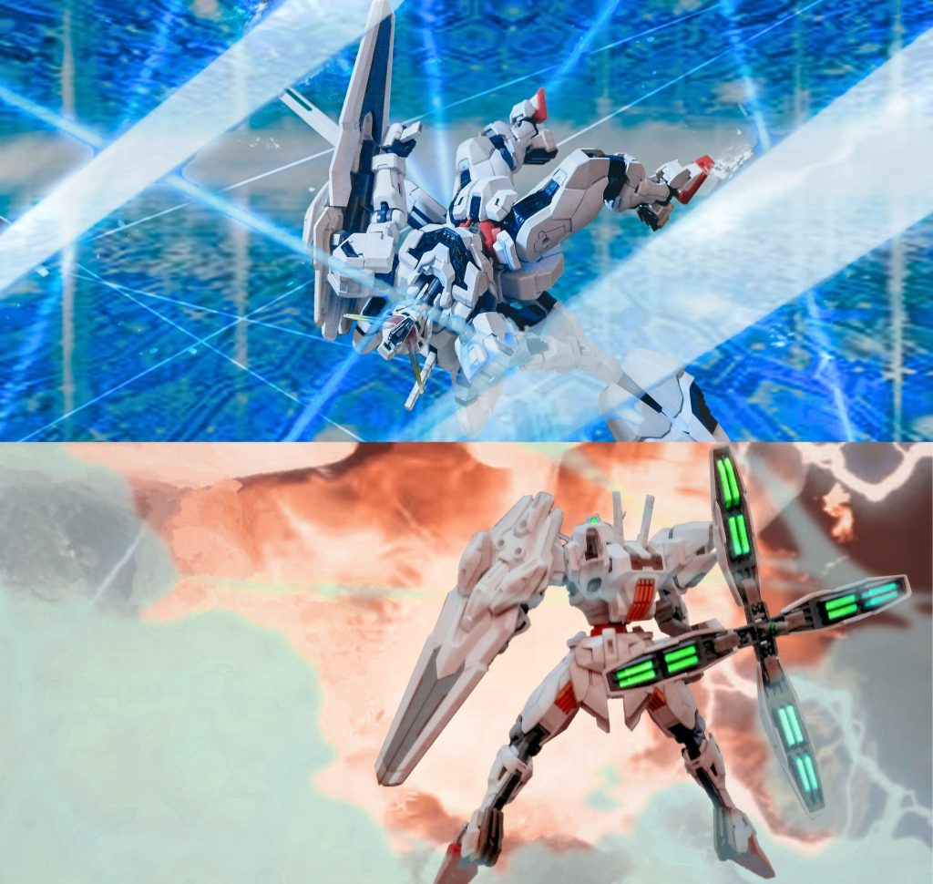 最後に画像処理です。 クワイエット・ゼロでの最終戦です。上段はクワイエット・ゼロが発生させているデータストーム空間の内側、ガンドノートとの遭遇、その攻撃を回避しているイメージです。 下段は、後端部にある4基の推進ユニット、クアドラ・スラスターを展開、バリアブルロッドライフル照射、多数のガンドノードを同時撃破している様子です。 劇中表現を厳密に再現しているわけではないのですが、雰囲気が伝われば、嬉しく思います。 では、次回の投稿も見ていただけると、非常に嬉しいです!