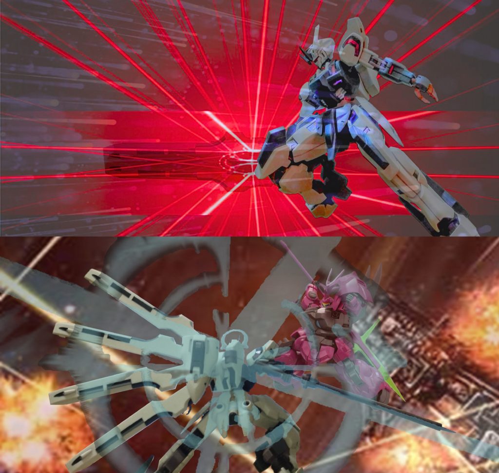 最後に画像処理です。 上段がガーディアンによる全方位攻撃、オムニ・アジマス・レーザーと命名されているようです。下段が、グエル搭乗のディランザとの戦闘シーンです。 劇中表現を厳密に再現しているわけではないのですが、雰囲気が伝われば、嬉しく思います。 では、次回の投稿も見ていただけると、非常に嬉しいです!