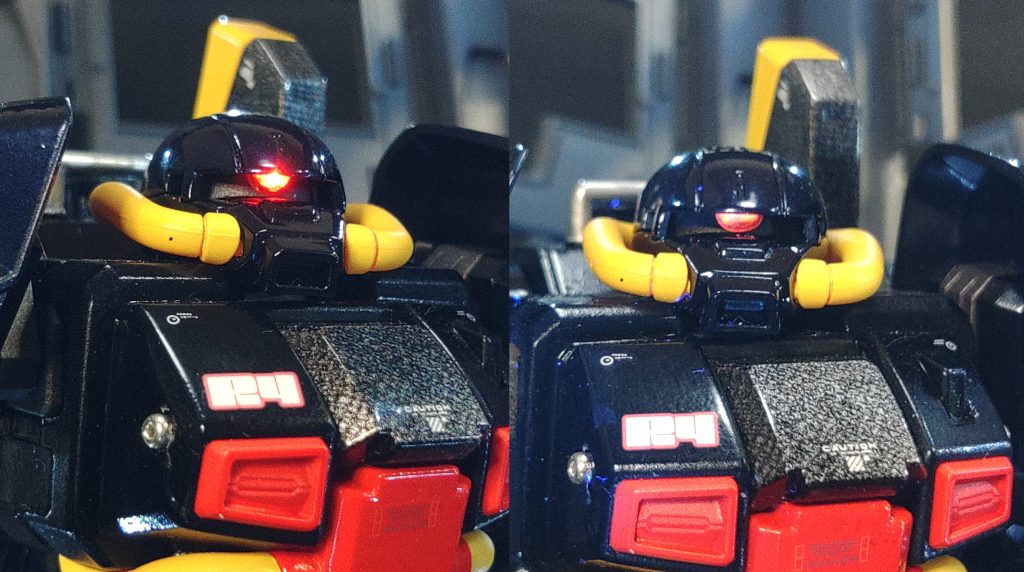 ←LED発光  →ブラックライトを当てている状態です。モノアイは今回珍しくLEDユニットを組み込みましたが、蛍光カラーにもなっているのでブラックライトで反応します。