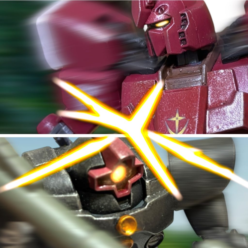 逃がすか。 ジンはすかさず、一機に追いすがる。 瞬間、視界に閃光が走る。 時間が異常にゆっくり流れるような、奇妙な感覚の後、視界いっぱいを、眩い光が充した。(なんだーー!?) 時間が、止まる。 目の前から、モニターがなくなる。 光の中に、敵の姿が映し出される。 だが、その姿は、ドムではない。 コクピットの中の、敵の気配、いや、息遣いを感じた。