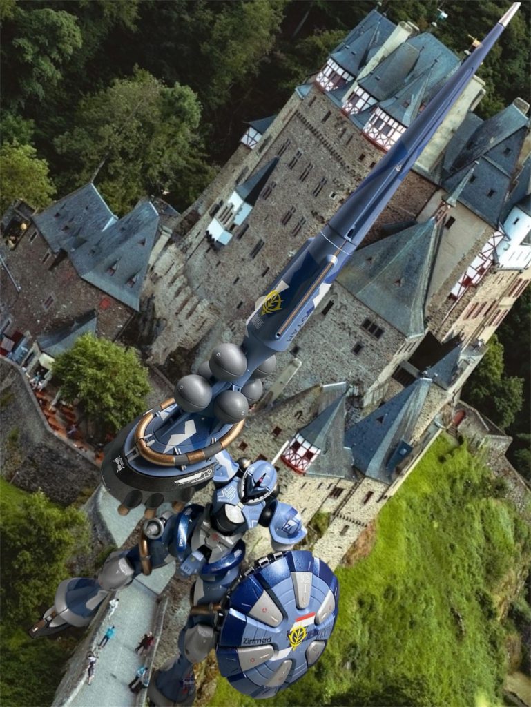 ジオンの要人が滞在する古城を警備するギャン。グラナダ近衛師団の選抜には、この長大な槍を微動だにせず真っ直ぐに構えられるほど操縦技術に優れた者という条件があったとか、なかったとか。