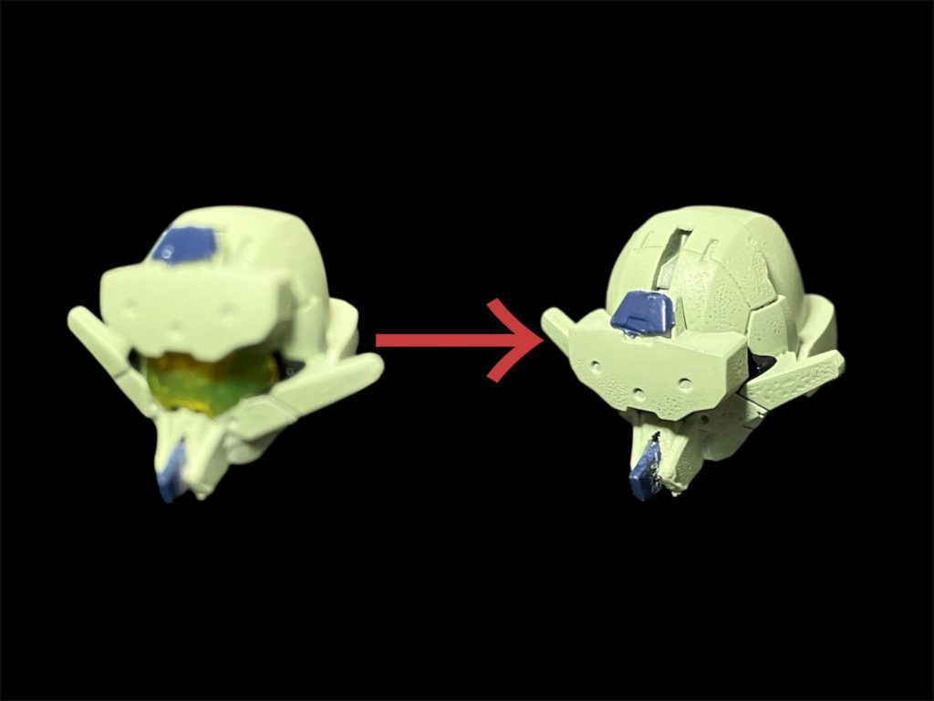 オリジナルのガンイージにはないマルチセンサーユニットの上下開閉ギミック。このギミックがミリタリっぽいでしょ^_^口はノコギリで割れ目を作り、その間に塗装済みのm.s.gのエッジパーツを差し込みオプティカルシーカーに。量産型っぽく、アデルと同様にデュアルセンサーの上にバイザー^_^