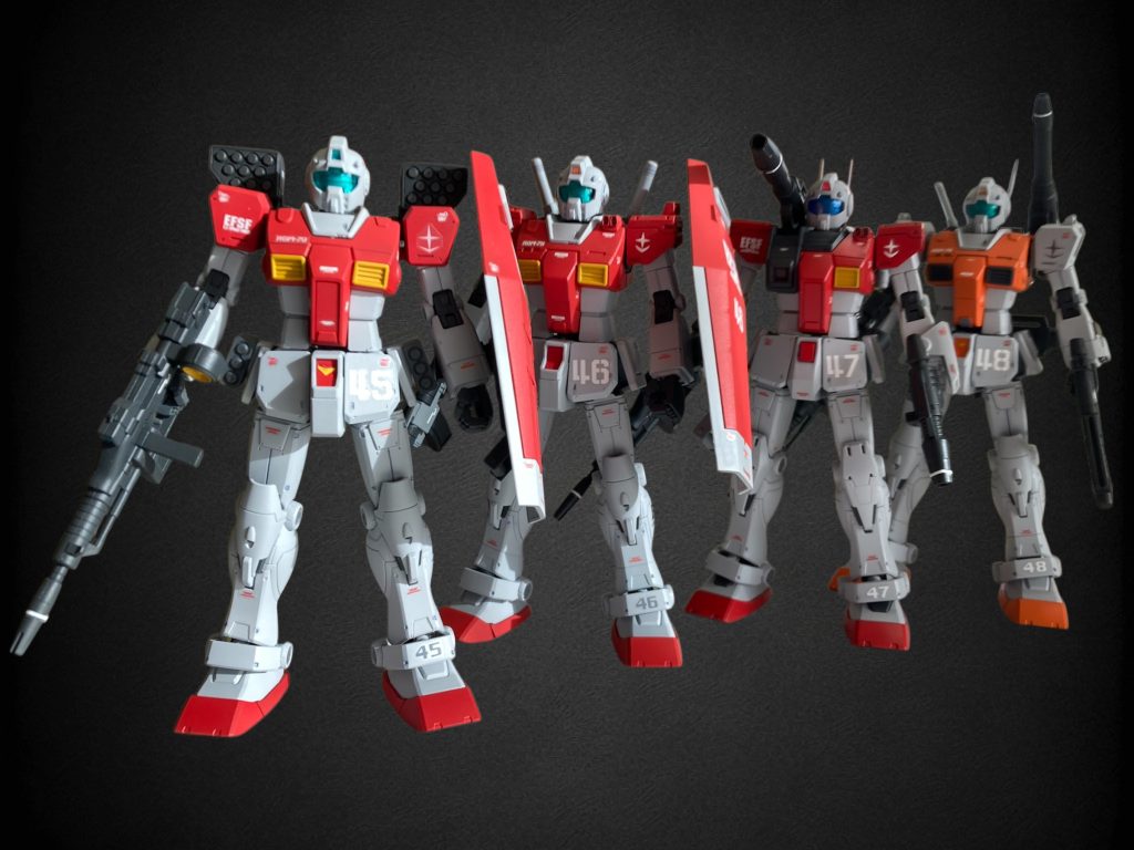 最近製作したジムたちと。このミサイルポッド仕様は45番、46番はスレッガー機改のセイラ機（漫画版とは全く異なります）、47はジムキャノン空間突撃、一番後方のオレンジの48番はこのあとアップします。