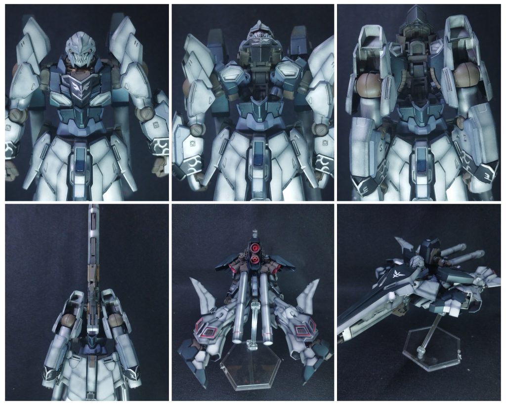 変形工程肩をはね上げ、胴体を開いて腕を回します腰を180°回しライフルを接続バックパックを変形させ足を開き内股にウイング、つま先を調整しシールドを接続