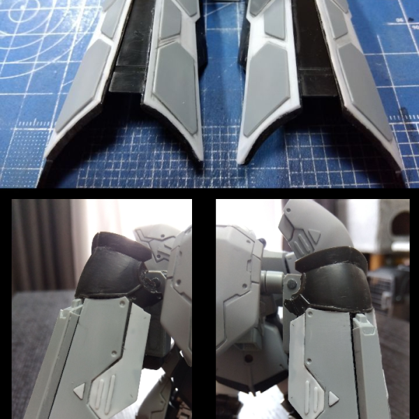 制作記録ももう２９…制作期間が長くなると最初の方にした工作と後半の仕様が異なってくるもの…(ただちゃんとデザイン設計せずに行き当たりで制作してるからとは言わない)制作記その４で投稿したバックパック用のパーツ…アーマディロだなんだと騒いでましたが、全体とのディテールの合わなさに愕然とし…、全部作り直しました😆笑接続するフレキシブルアームも写真だと分かりづらいですが、前のだとあまりにも短かったのでそれも長く作り直しました😆笑なので画像⑤のように前にも出せるように！まぁブンドドはしないので動く意味はないんですけど、こうゆうのってやりたくなっちゃいますよね😁そして、ν猫様のおかげで塗装作業は進んでおりません💦足元で気持ちよさそうに寝ております😺  （1枚目）