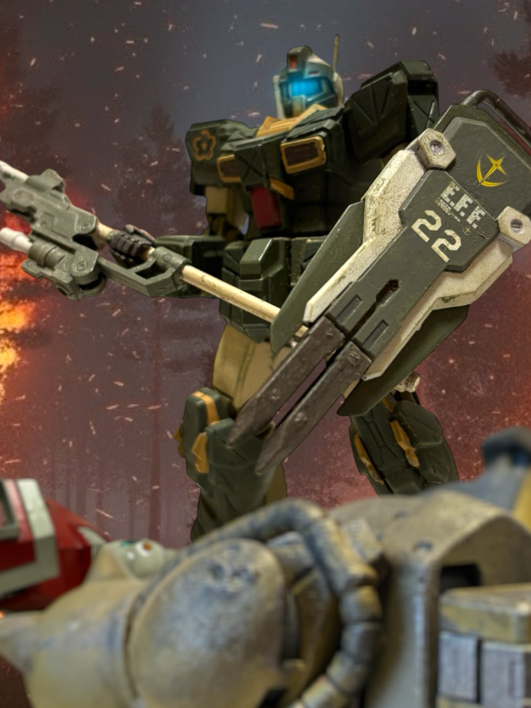 『どういうことだ?』 イギー・ドレイク少尉が怪訝な声をあげる。 戦場には、敵も味方も関係なく、MSの残骸が転がっていた。 生き残っている者は、いない。「後方に報告の必要があるな。」 率いてきた小隊は4個。そのうち1個を、輸送してきたガンペリーのところまで後退するよう指示する。残った3個小隊は、散開させ、生存者の捜索に当たらせることにした。ガンタンク隊として稼働していた”ライオンズ”も、ジムに乗り換えている。 ヘントは編成を指示する。イギーと、スコット・ヤング軍曹に、それぞれ小隊を率いさせ、自分の小隊にはジムを一機とミヤギを付けた。『お前さぁ……。』 イギーが呆れた声を出す。「すまん。私情ではないということは理解してくれ。」 まあ、良いけど、とイギーもそれ以上は詮索しない。もう、ここは戦場なのだ。