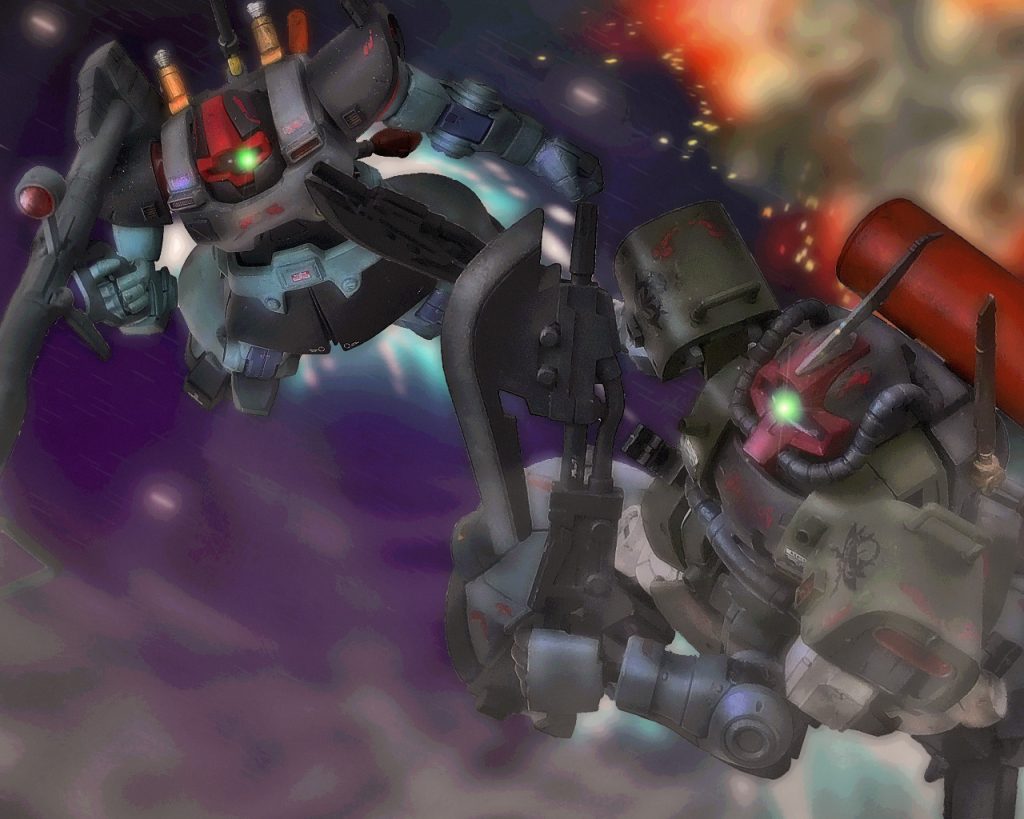 「隊長、援護しますっ、共に引きましょうっ!?」「邪魔をするなっ！貴様もやられたいのかっっ!?」モアは隊員の呼びかけに対し激昂する。普段聞かない猛獣が叫ぶような怒声と迫力にリック・ドムのパイロットは怯んで黙ってしまう。そしてリック・ドムは了解の返答もせずモアのドム試作実験機から離れた。すると今度は後方から2つの光跡が近づいてくる。