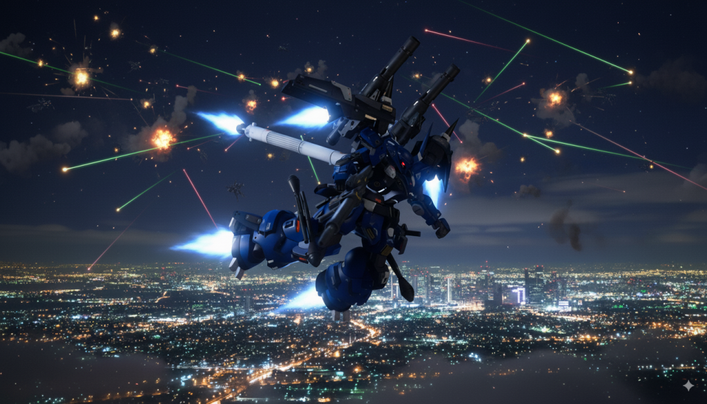 こちらは以前投稿したディランザソルです。夜の市街地の上空を飛行しているシーンです。これも赤線作戦で思ったところにバーニアエフェクトを追加してもらいました。後は遠方でどんぱちやっているようにして、という感じで作ってもらっています。