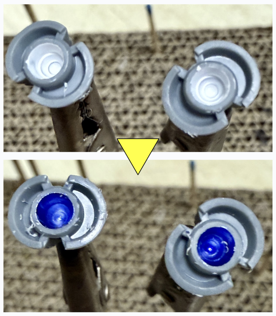 ここからは制作過程をバーニア内部はつや消しホワイト後、ガンダムマーカー（メタブルー）で塗装