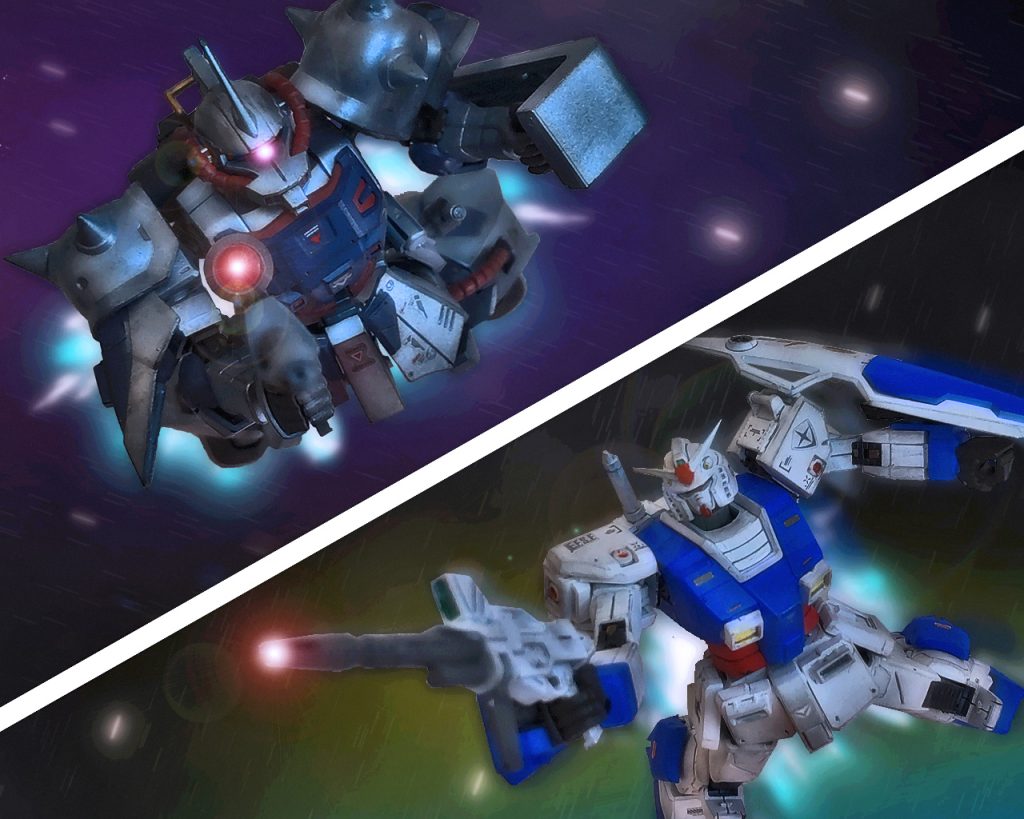 「連邦のツノツキ、いただくわっ!!……っ!?」高機動型ザクIIは気づかれないようロングレンジでビームライフルを撃とうするが、ロゼットは驚愕した。(…この距離でなんでこっちを向いているのっ!?)ガンダムは明らかに高機動型ザクIIを見ている。そして先手を打ったのはガンダムのビームライフルだ。そのビームはロゼット目掛けて飛んでいく。「何よっ!?」間一髪避けるとロゼットは反撃のビームライフルを放つ。だがガンダムは既に次へ動いており虚しく空を切る。(何処へ行った!?)ロゼットの視界からガンダムは消えその姿を見失う。ミノフスキー粒子によりレーダーも使えない事から目視だけが頼りだ。「…たっ、隊長ーっっ!?」レーザー通信により入ったのは部下のアーロンが叫ぶ声であった。