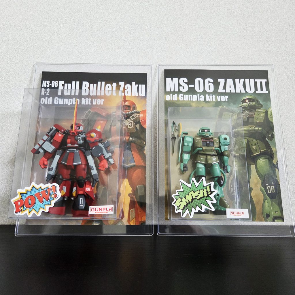 1つだけで飾ってもさみしいので、過去作のフルバレットザクのパッケージも作成しました。