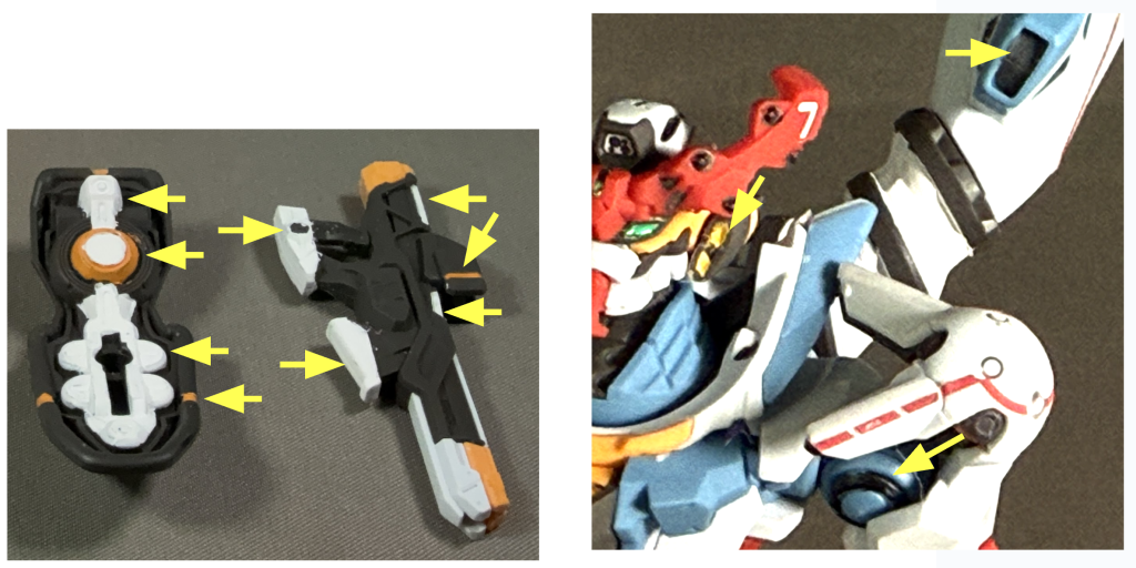 ここからは部分塗装になります。とにかく部分塗装の箇所が多いので、公式サイトや箱絵、説明書を見ながら塗ってみました。はみ出した部分はマジスクで塗料を削りました。