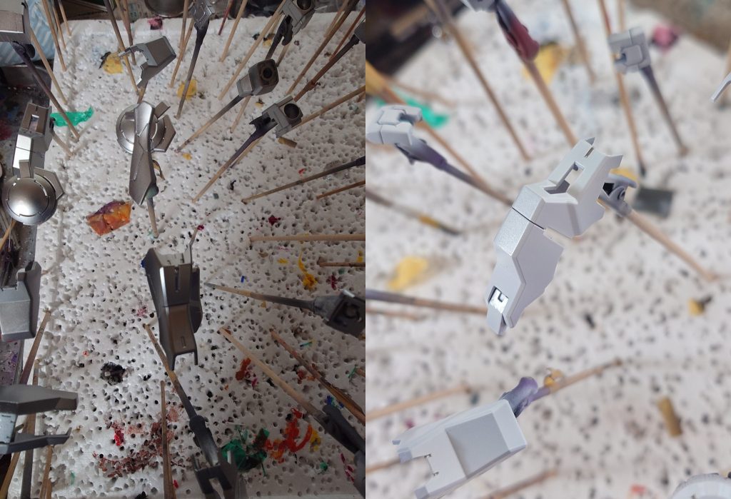 さて一番力を入れた白です本物のチタニウムフィニッシュは銀メッキにクリアーホワイトで塗装されてるのこれに倣いまして基本はシルバー下地に白+クリアーで作った乳白ホワイトで塗装しました(マイスター関田さんのハイニューや初代 日野さんのユニコーン等で使われた手法です)