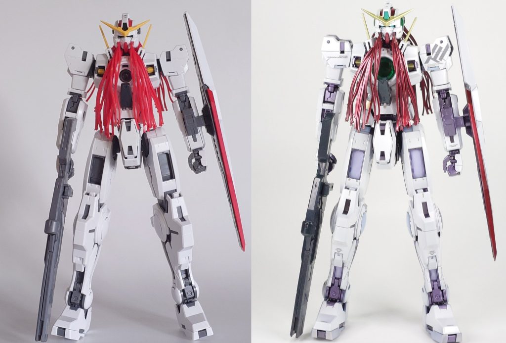 無塗装と比較してまず光源が違うので一概には言えませんが白以外にも全体的に青みが強く赤と黄色部分もシルバー系で赤みを抑えたので硬質的な感じに仕上がったかなと思います