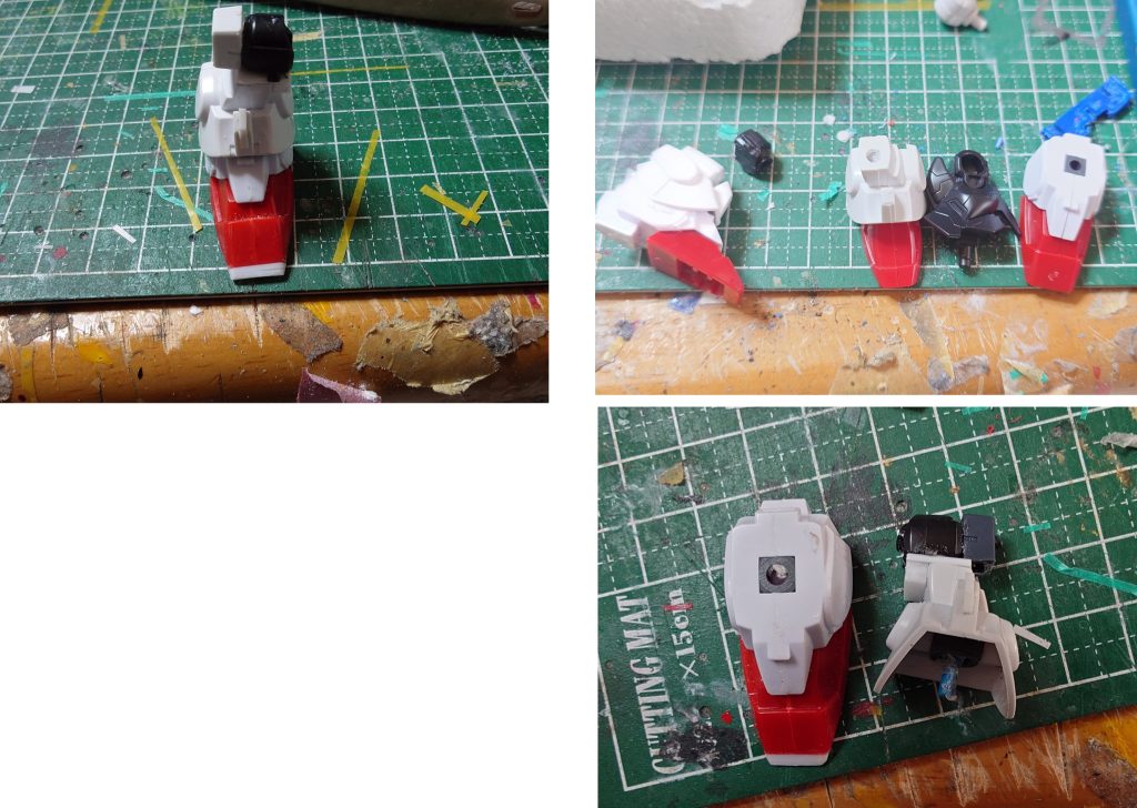 足の改造足の上部は剛熱機械師 駄舞留精太の足です胴との接続部分を切り取ってます スリッパ部分は使わず接続部分をプラ棒とボールジョイント部分を接着しBB戦士 ZZの足がつけられるようにしています プラ板やスジ堀で少しだけデティールアップをしてます下部はBB戦士ZZの足ですスリッパ部分をプラ板で延長しました腿の部分はBB戦士νガンダムの足の基部を2~3ミリくらいプラ板で上下に延長して接着してますサイドアーマーを付けるパーツは30MMの何かのパーツを接着してますサイドアーマーはHG ZZのサイドアーマー(無改造)です