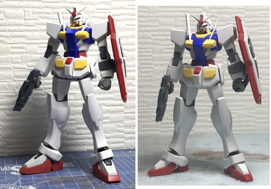 左が調整後、右がキットをストレート組みした状態です。手首はSTYLE-S製ROBO MANI(ロボマニ)を使用しています。