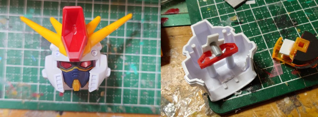 ここからは制作工程です頭頭は顔をサクッと切り離してCSバンシィのものを移植 写真の通り後ハメ加工をして下からはめられるようにしてます 予め3ミリ穴にはめられるよう雑ですがスナップフィット化してあるので取り付け位置がブレることもありません