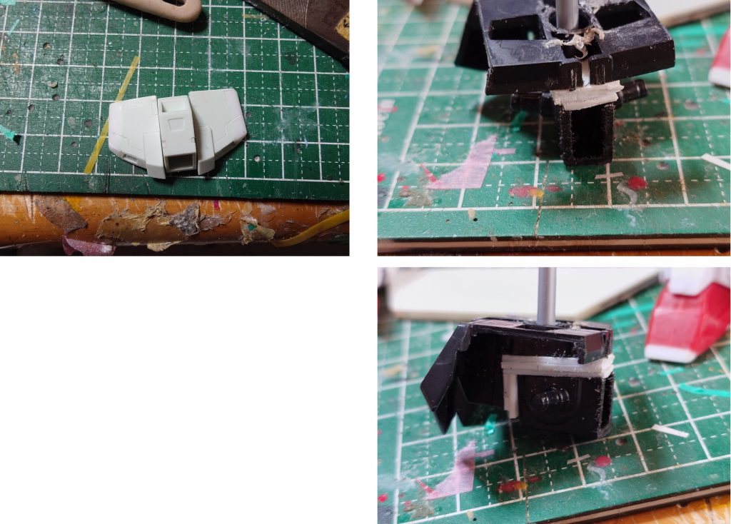 腰の改造 基部はBB戦士νガンダムのものを足の接続部分をブロック状に切り出して前後2ミリ上下多分3ミリ延長前後に張り出した部分は切り取って(概ね)平滑に 胴との接続は何か弄ってたら元のが取れたので適当な3ミリプラ棒を使ってますフロントアーマーはHG ZZのものを幅増しして使用+スジ堀を追加してます