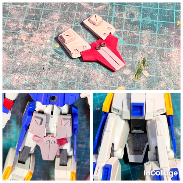 HGのZZを強化型風に弄っています！画像2 フェイスパーツをhgceインパルスと差し替えました。画像3 背中側スカートアーマーを取り付け。画像4 正面スカートアーマーの突起部分を延長。画像5 肩アーマーを延長。画像6 足の延長。画像7 バックパックのバーニアカバーを延長。たくさん延長しました😅。バックパックの羽は百式のバインダーと変えました。後はミサイルポッドと胸アーマー下部分の延長で加工が終わります。（3枚目）