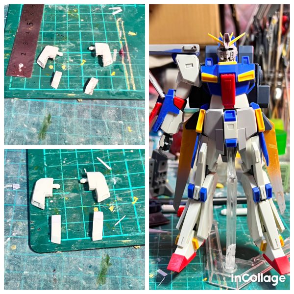 HGのZZを強化型風に弄っています！画像2 フェイスパーツをhgceインパルスと差し替えました。画像3 背中側スカートアーマーを取り付け。画像4 正面スカートアーマーの突起部分を延長。画像5 肩アーマーを延長。画像6 足の延長。画像7 バックパックのバーニアカバーを延長。たくさん延長しました😅。バックパックの羽は百式のバインダーと変えました。後はミサイルポッドと胸アーマー下部分の延長で加工が終わります。（4枚目）
