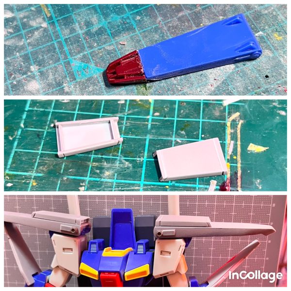 HGのZZを強化型風に弄っています！画像2 フェイスパーツをhgceインパルスと差し替えました。画像3 背中側スカートアーマーを取り付け。画像4 正面スカートアーマーの突起部分を延長。画像5 肩アーマーを延長。画像6 足の延長。画像7 バックパックのバーニアカバーを延長。たくさん延長しました😅。バックパックの羽は百式のバインダーと変えました。後はミサイルポッドと胸アーマー下部分の延長で加工が終わります。（5枚目）