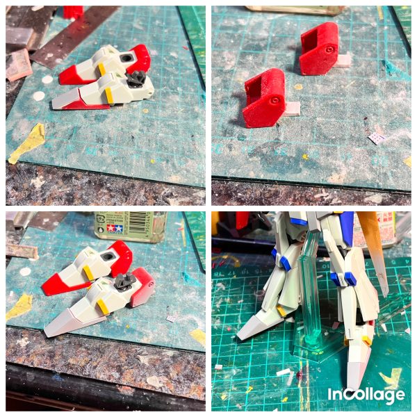 HGのZZを強化型風に弄っています！画像2 フェイスパーツをhgceインパルスと差し替えました。画像3 背中側スカートアーマーを取り付け。画像4 正面スカートアーマーの突起部分を延長。画像5 肩アーマーを延長。画像6 足の延長。画像7 バックパックのバーニアカバーを延長。たくさん延長しました😅。バックパックの羽は百式のバインダーと変えました。後はミサイルポッドと胸アーマー下部分の延長で加工が終わります。（6枚目）