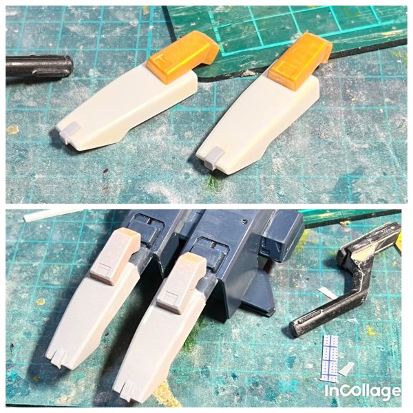 HGのZZを強化型風に弄っています！画像2 フェイスパーツをhgceインパルスと差し替えました。画像3 背中側スカートアーマーを取り付け。画像4 正面スカートアーマーの突起部分を延長。画像5 肩アーマーを延長。画像6 足の延長。画像7 バックパックのバーニアカバーを延長。たくさん延長しました😅。バックパックの羽は百式のバインダーと変えました。後はミサイルポッドと胸アーマー下部分の延長で加工が終わります。（7枚目）