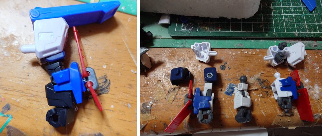 腕の改造 肩の基部はBB戦士ZZの中身を基部が入る程度くりぬいてます腕との接続基部はHGのジャンク品を削って接着して肩と腕の基部にしてます 肩の上部はHG ZZ の元の穴に3ミリ棒でBB戦士ZZの肩に装着腕はBB戦士ニューガンダム(1枚目の写真はSDEXのガンダムです)肩部分にスジ堀追加してます 腕のアーマーはBB戦士 ZZのものがスポッとハマります