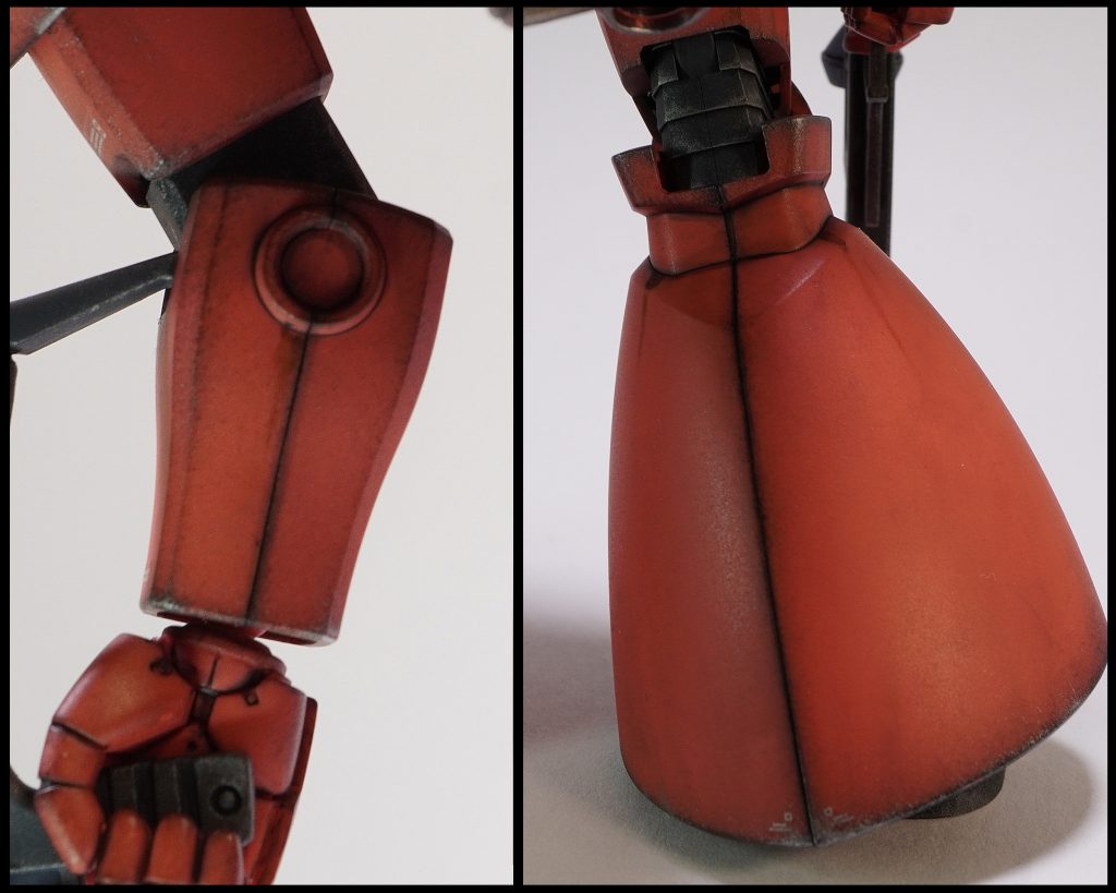 ふくらはぎの合わせ目は段落ちモールド化を施しました。腕は未加工なのですが、比べるとさほど違いが無く合わせ目は普通にウェザリングの一部として使えるという気づきがありました。