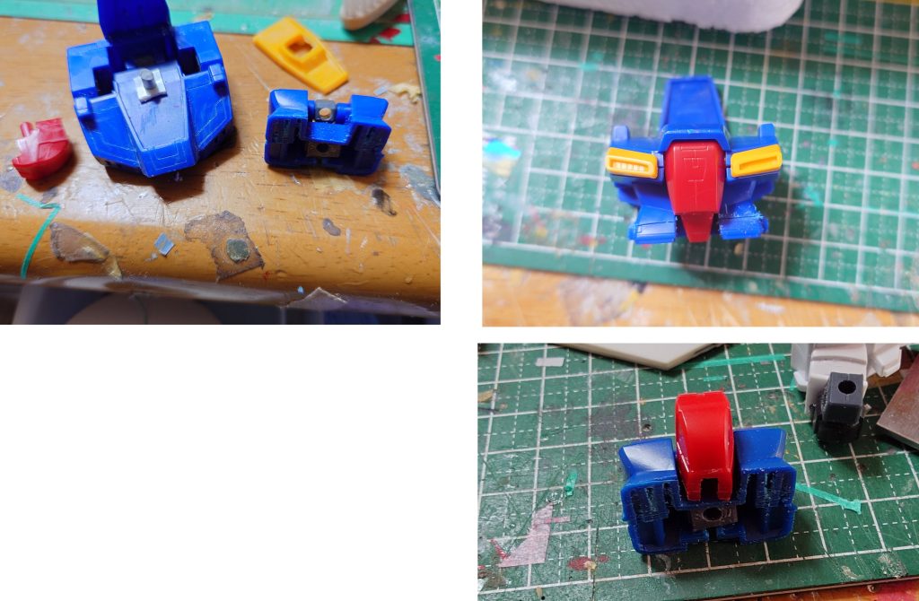 胴体の改造 くびれの部分を2ミリくらい(多分)切断 腰の接続を3ミリ棒に変更したのでランナータグを積層させ穴を開けて軸受けを作成して接着頭の接続をバンシィの首に合わせて3ミリ棒に変更 後は簡単なスジ掘りなどを追加写真には写ってませんが完成品はHG ZZの胴体上部の突起上のインテーク(?)も貼り付けてます