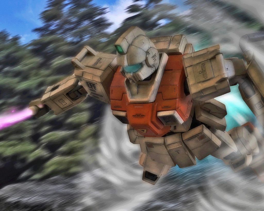 「大人しく首を差し出すか…、良い覚悟だ！少尉は不慮の事故により戦死されたってなっ!!」ロブはブーストをかけると一気にEz8に迫った。土煙を舞い上げ陸戦型ジムはビームサーベルを振り上げる。それをシローは怯まずジムを真正面に受けると、咄嗟の判断で姿勢を低くしジムの右手を掴んだ。