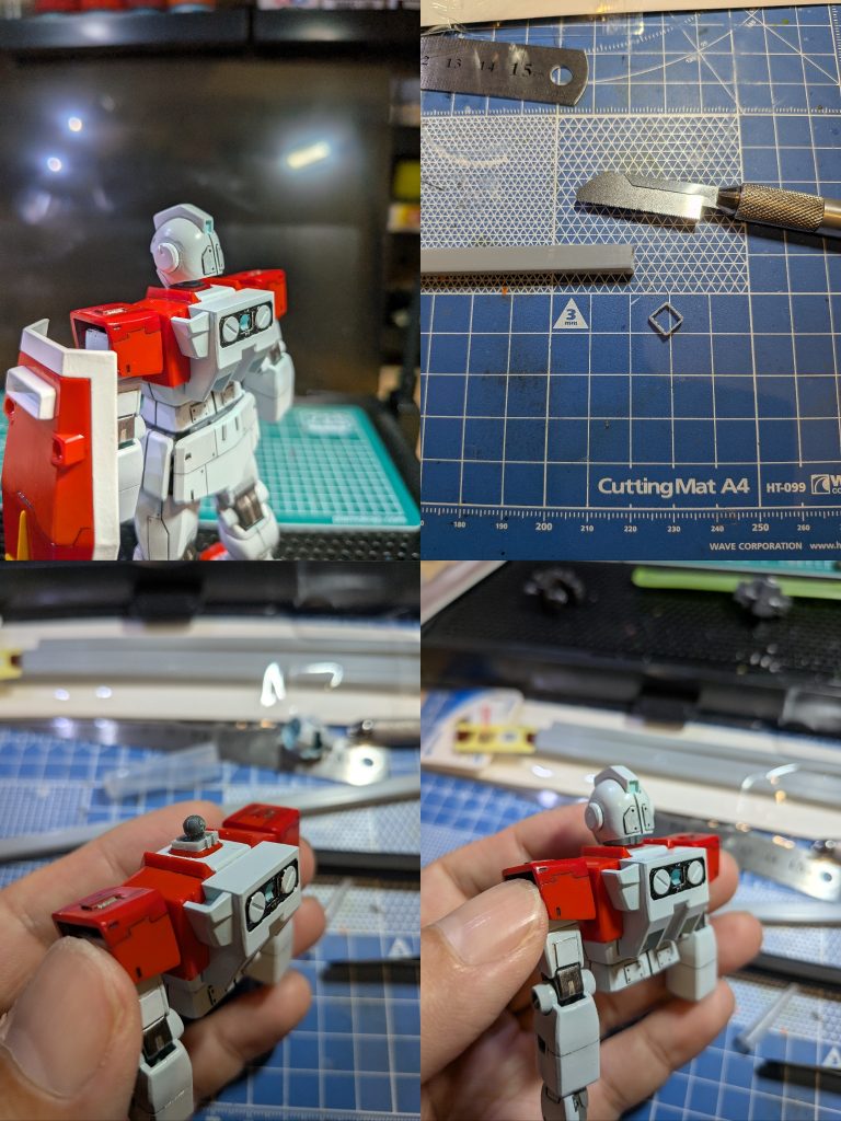 ①（左上）首になかなか目立つスキマが😭　（冷静に考えれば、当然ですが💦）にしても、このままではさすがにカッコ悪い…さて、どうしたものか…そうだ😯💡　②（右上）WAVEの角パイプをカットして③（左下）適当にモールド追加して被せ　④（右下）焼鉄色で着色しました。  　   まあまあ、目立たなくなりました😅思いつきでした対処がうまくいくと楽しいですね✨️😄