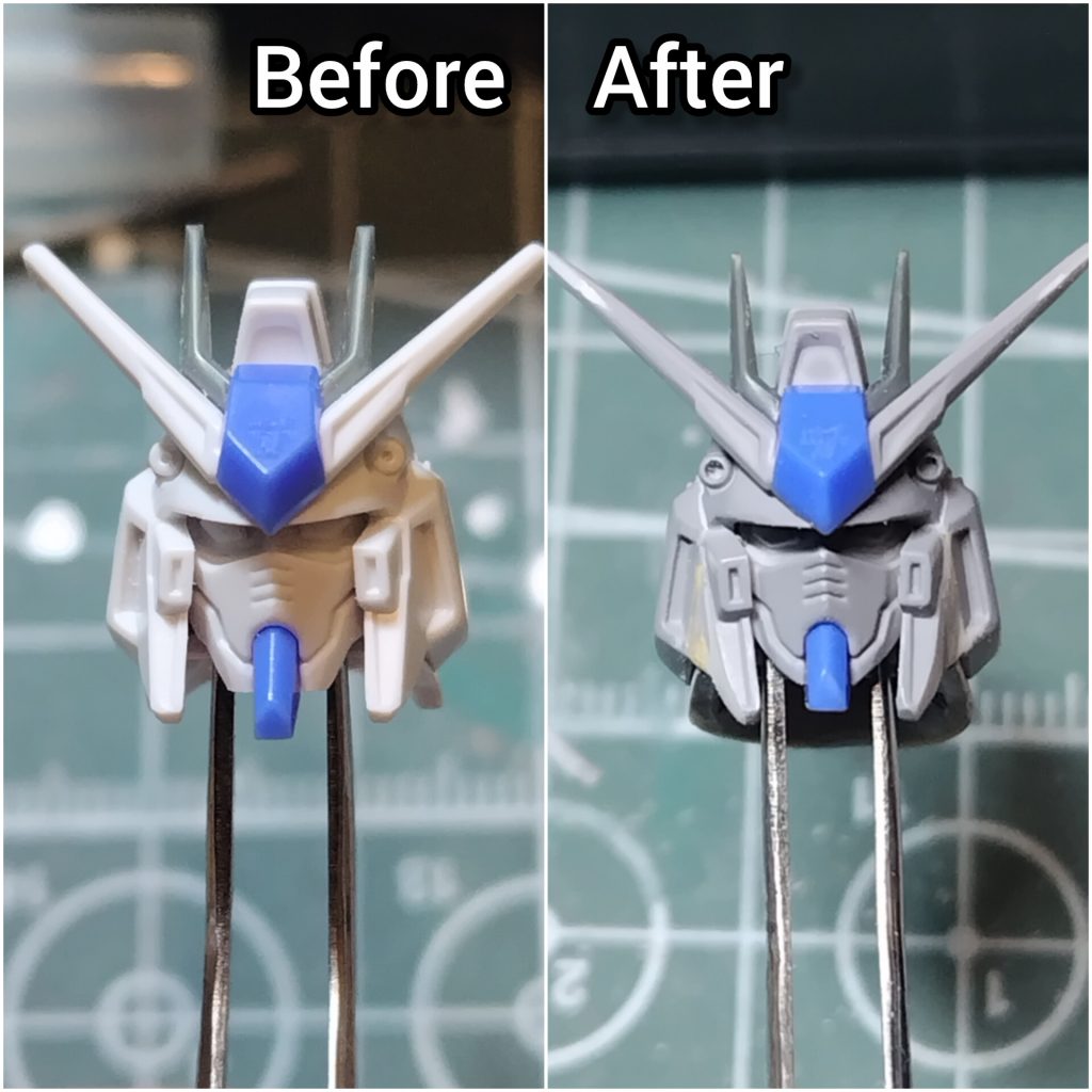 頭部は慎重に改修。顎?は少し短くカット。頬骨を削り、シャープに。ヘルメットも下に広がっているのを、絞るように形状変更。勿論、アンテナも鋭利化。