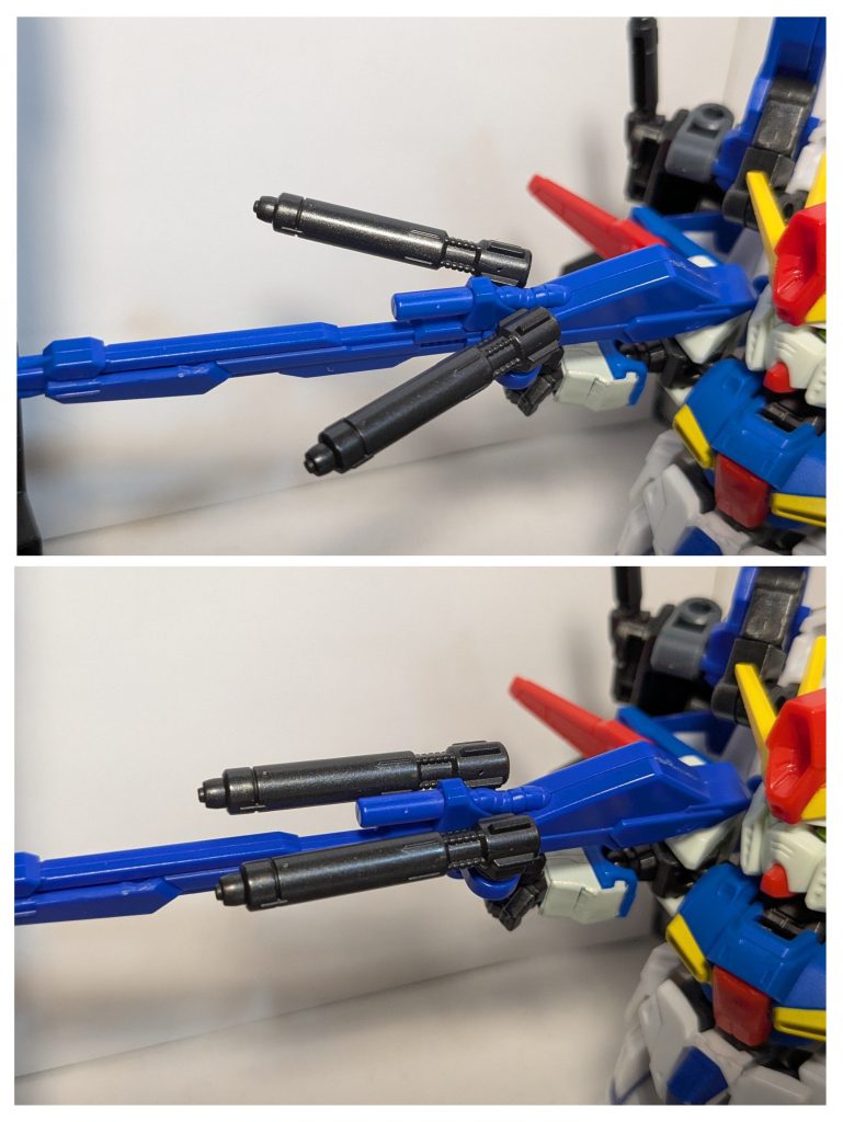 Zのハイパーメガランチャーに、ZZのダブルビームライフルを付けています。拡散モードと集中モード使い分けます。3つの銃口もドライに掛けています。