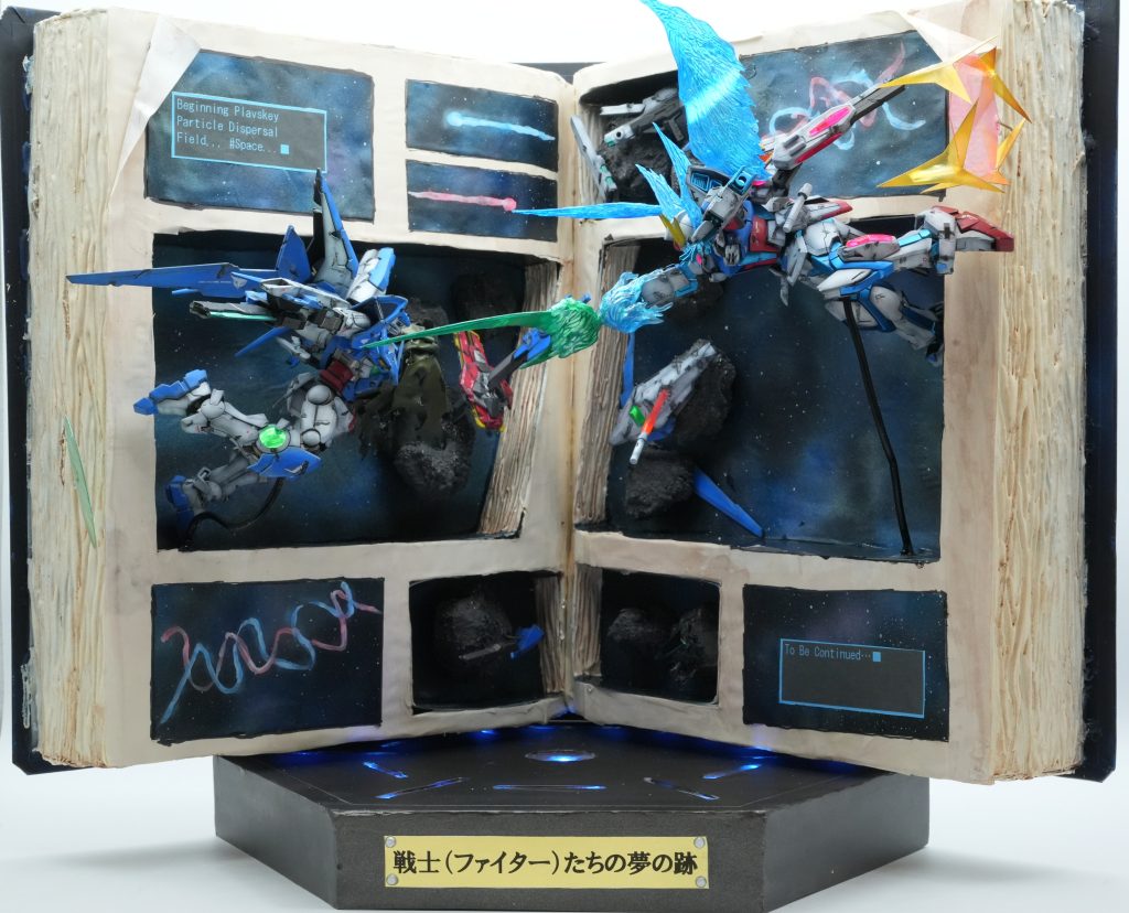 正面ショット漫画本から飛び出すガンプラバトルを立体化してみましたガンプラ以外はすべて自作ですガンプラなのに漫画のコマ割から考えてましたw