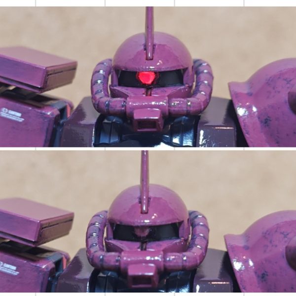 1:144シャア専用ザクのジオラマ作成中です。まずは機体から完成させました。モノアイをＬＥＤ化し、ジオラマ用の電飾を構成しました。（2枚目）