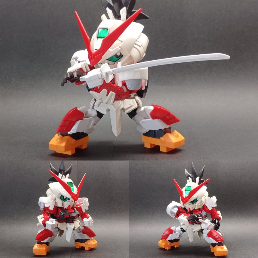 初期イメージはサムスピの覇王丸上半身ほぼBB戦国アストレイそのまま。脚をSDEXにしてジャンクパーツで袴に見えるよにしました。足の下駄、覇利丸そのままだけど上手くマッチしたと思います。