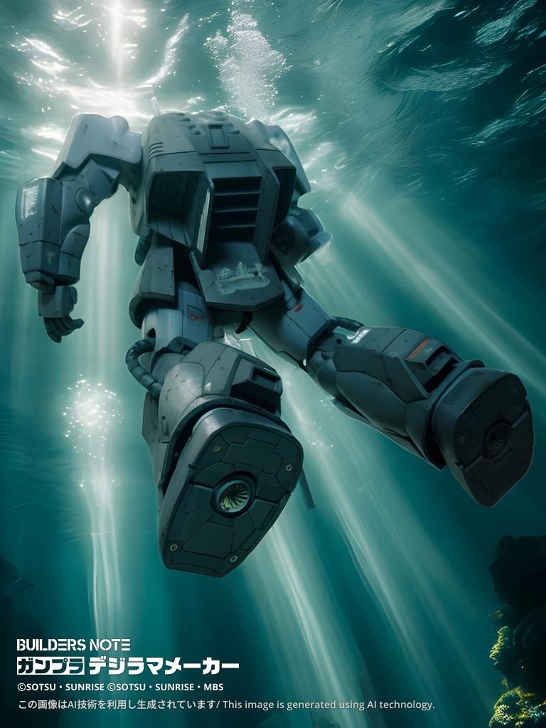 最大のお気に入りポイントは、お尻部分のノーズアートです。今回は爆弾(ミサイル)を連想させるデカールを、両肩とお尻に使用しました。脳内妄想でパイロットの得意な戦術を考えました。足裏のファンをくり抜いて、3Dプリントパーツを入れています。このパーツが使いたくて、ザクマリナーを組み始めてから、慌てて注文しました。