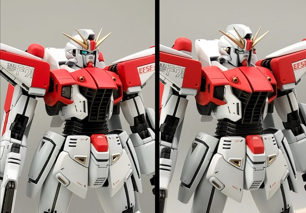 左 キット純正右 EGνガンダムから改修 への字を3本から2本にしてクマドリを彫り込み修正しました。EGのカメラアイから上を平にしてF91のトサカフレームを接着しているので、スナップフィットが活きています。EGとMGの違いがあるのにサイズがピッタリだったのは21m級と15m級の縮尺の妙ですね。