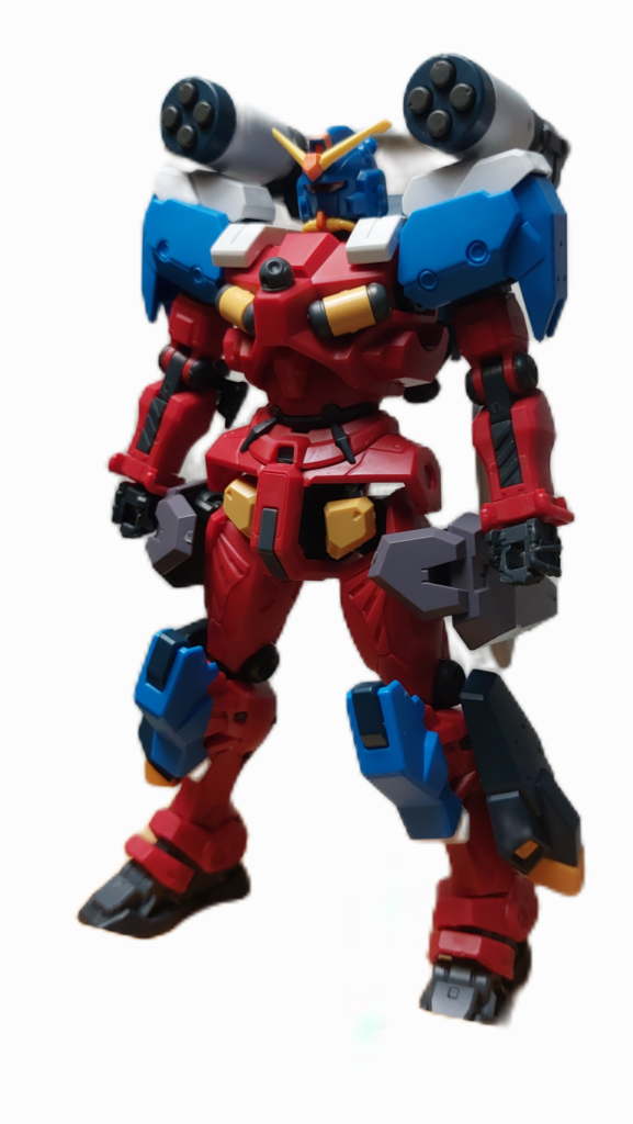 ミキシング素の状態。軽キャノンベースに、ジーラインスタンダードアーマーの各部パーツ、水中型ガンダムの頭部、腰部スラスターにガンヴォルヴァを使用。武器はデミトレーナーのガトリング、フルアーマーガンダム(TB)のシールドにしました。