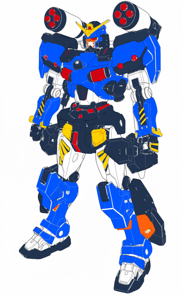 今回はカラーリング考案の際にAIを使った線画風画像を基にカラー配置を決めました。元々は「クランバトル出場用の高機動カスタムの軽キャノン」として考えていましたが、カラー配置が決まった段階で(なんか色が軍警ザクのブルーに近いな…)と思い設定を変更しました。