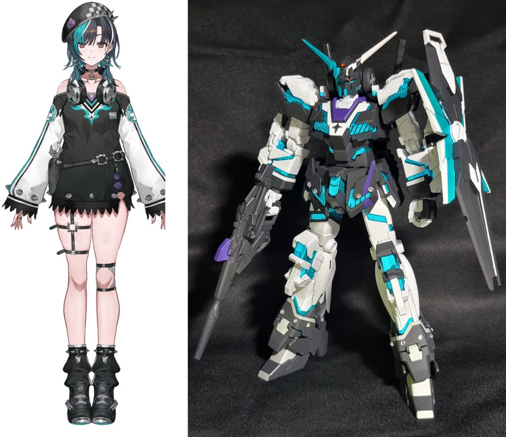 髪の毛の色分けや帽子の模様を頭部やアンテナに取り込んでみました。ヘッドホンもプラ板からつくりました。あとは裾のギザギザしたとこや一部紫色のところもできる限り再現しています。足回りのスパイクや太もも、膝のガーターも色分けで再現しました。