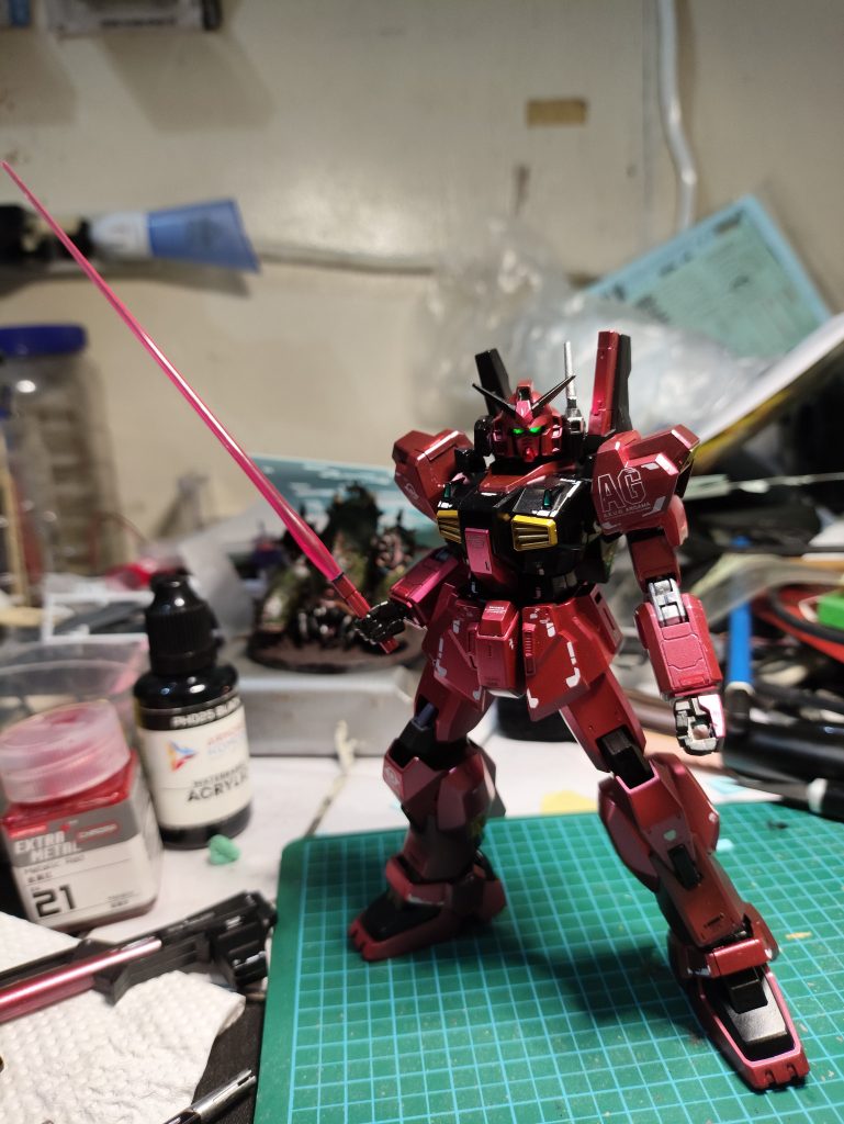 For the paints that I used are:Primer - Armored Komodo Surface Primer Gloss Black Base coat - Metallic Red(Jumpwind Extra Metal Chroma), Metallic Blood Red(Jumpwind Extra Metal Chroma), Glitzy Gold(Jumpwind Extra Metal),Steel(Jumpwind Extra Metal)Topcoat - Gloss(Jumpwind Neo Color)For the Black parts it's a two-three coats of the surface primer.