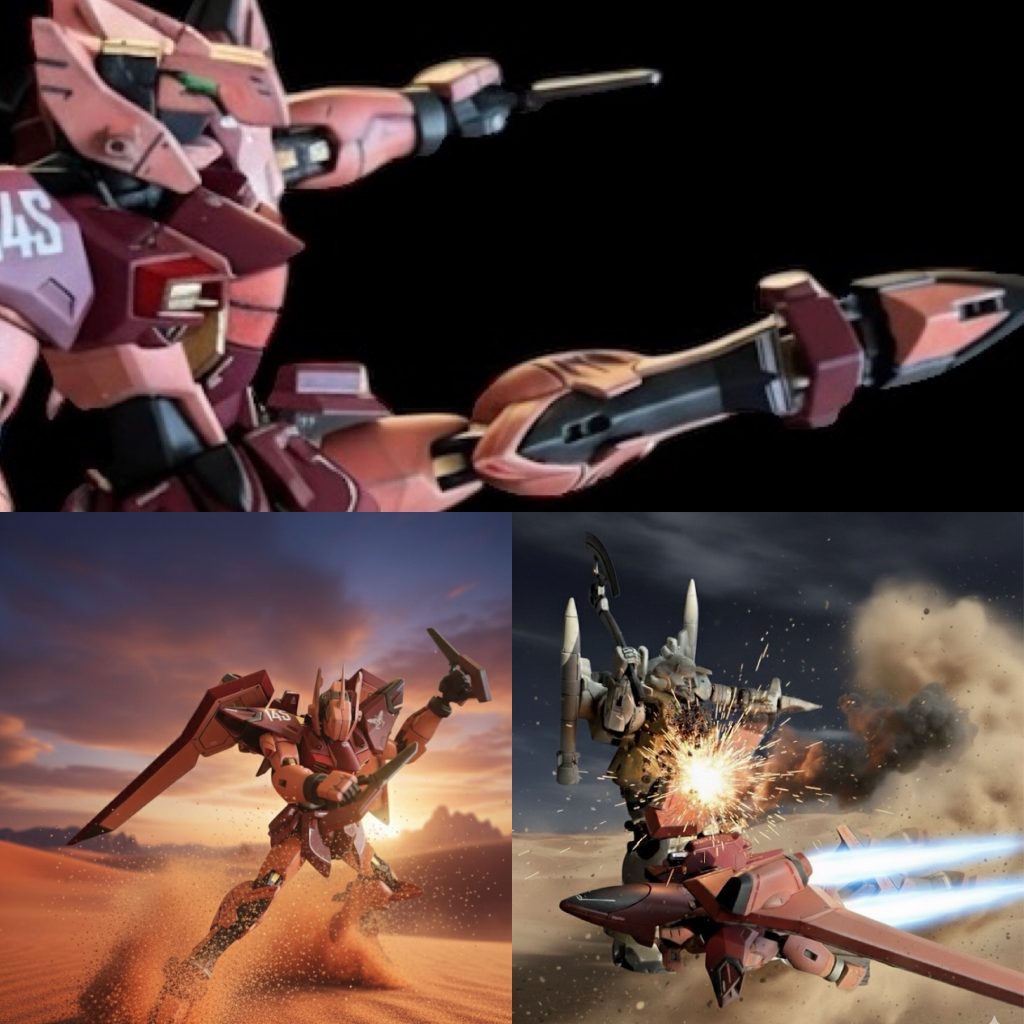 妄想設定のガンガルシリーズはビーム兵器がまだないのでビーム重斬脚はただの蹴りに、ビームサーベルもないのでビームブーメランは短剣風に、代わりに翼がヒートホークのような設定にしてみました。妄想機体設定開発コードSTTS-808機体番号MF-14S機体名ゲルグ(Ge-Lugh)ホーニック社製ズク強化改良型の運用データを流用し、ヘッドチェンジで培った可変技術を取り入れて設計された。背中の「ミノフスキードライブ」はズク強化改良型より推力が強くなり運動性も高くなっている。モビルフォースで初めて低空での飛行が可能となったが操縦難度は高い。が、帝国の試作機ガンガルをゴムマット社が解析(＝リバースエンジニアリング)することで得られたデータを基に、新たな機体の開発が進められ、結果、ゴムマット社が開発競争に勝利し、h MF-01ゲルグとして採用され、本機は旧型ゲルグと呼ばれるようになった。  