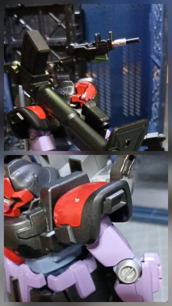 ショルダーアーマーの隙間が気になったので、ジャンクパーツとプラ板でダクトを取り付けました。あと、合わせ目消しもやってみました😄ジャイアントバズですが、元のままだとマガジンが肩に引っ掛かるので、カットして上下を反対にしました。これである程度自由がききます。
