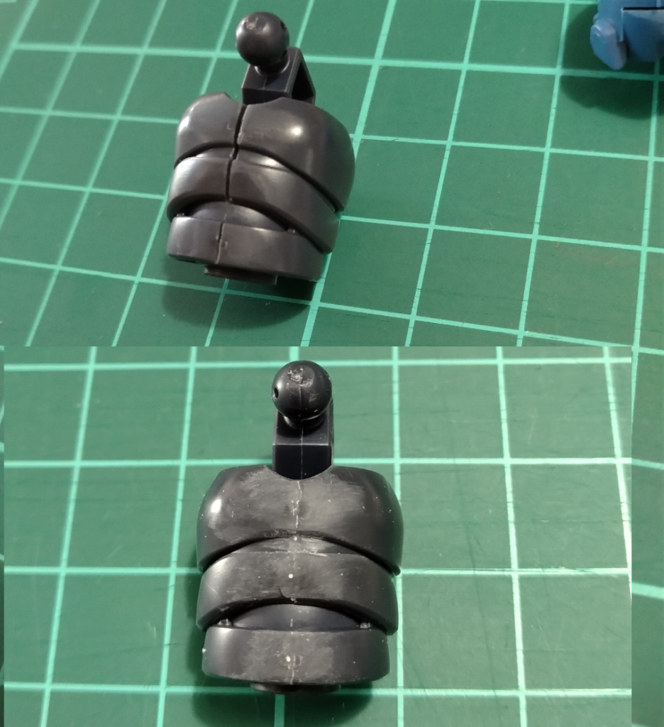 画像編集アプリの活用制作工程で比較する場面が多々あるのでアプリを探すところから始めました。例えるなら走る前に靴の紐を結ぶと言ったところでしょうか。合わせ目処理①(↓加工後)腹部の前側です。パーツカットの際に深くなってしまい白化し部分がありますが奥まったところなので何とか誤魔化しています(自分には見えません)。